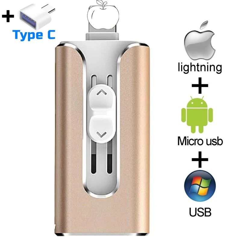 

4 в 1 HD USB-накопитель 3,0 флэш-накопитель для iPhone/Android Тип C Usb-ключ OTG Флешка 128 Гб 64 ГБ 32 ГБ 16 ГБ мини-ручка подводная [Золото]