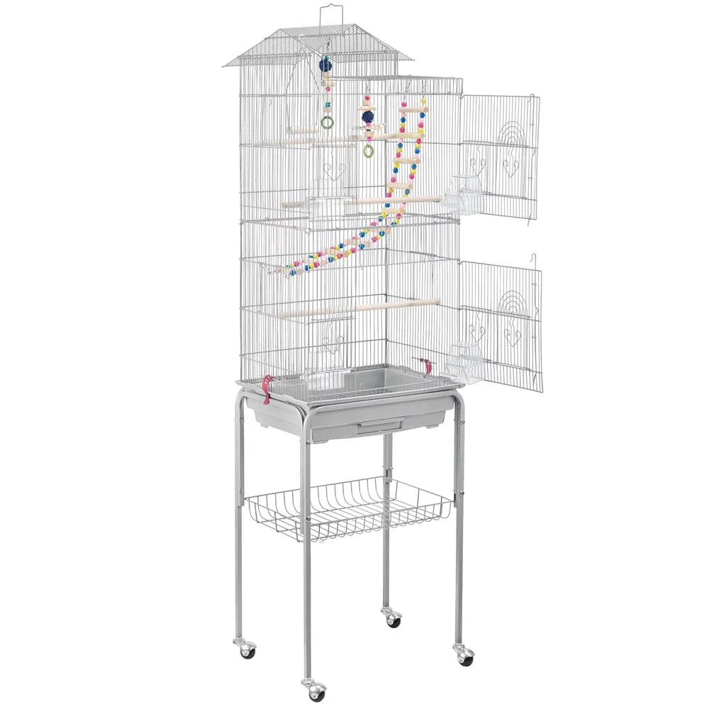 

Easyfashion 62.4" Metal Bird Parrot Cage with Detachable Stand, Light Gray