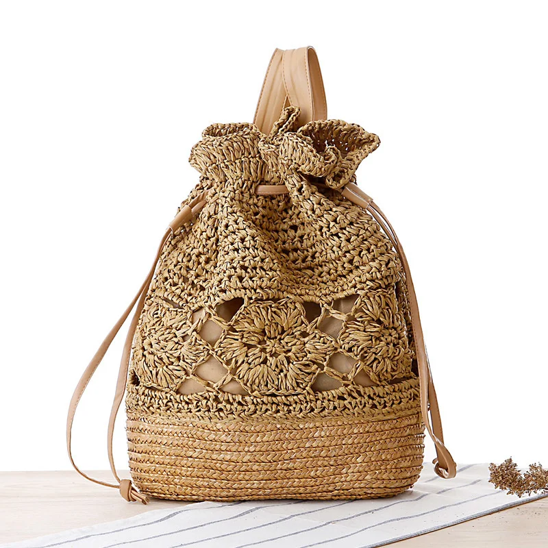 

College style handmade hook flower double shoulder bag straw woven bag Forest Department leisure Women's bag