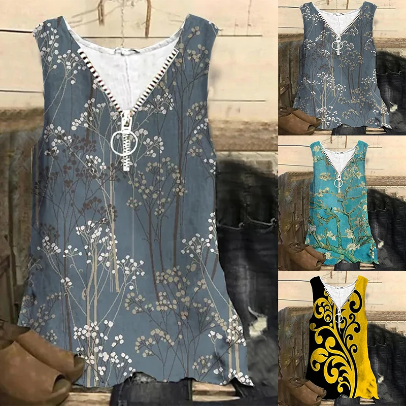 

2022 Summer Women's Floral Theme 3D Printed Painting Tops U Neck Female Casual Tops Basic Streetwear New Design Tops Large Size