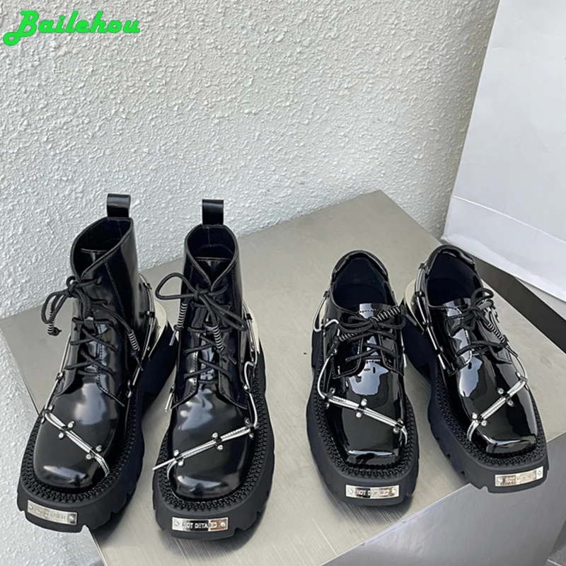 

New Ankle Short Boots For Women 2023 Pu Leather Fashion Winter Square Toe Metal Booties Ladies Modern Female Platform Shoes
