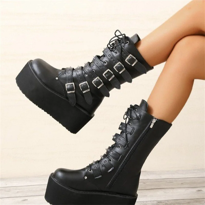 Brand New Gothic Style Platform Vampire Cosplay Women Mid-calf Boots 2022 Winter Wedges Comfy Women Motorcycle Boots Shoes