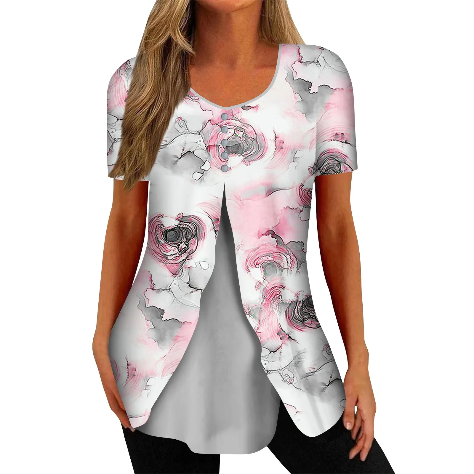 

Shirts For Women Short Sleeve Tops Dressy Summer Casual Printed V-Neck Irregular Hem Blouses Tees Top Women Fashion Woman Blouse