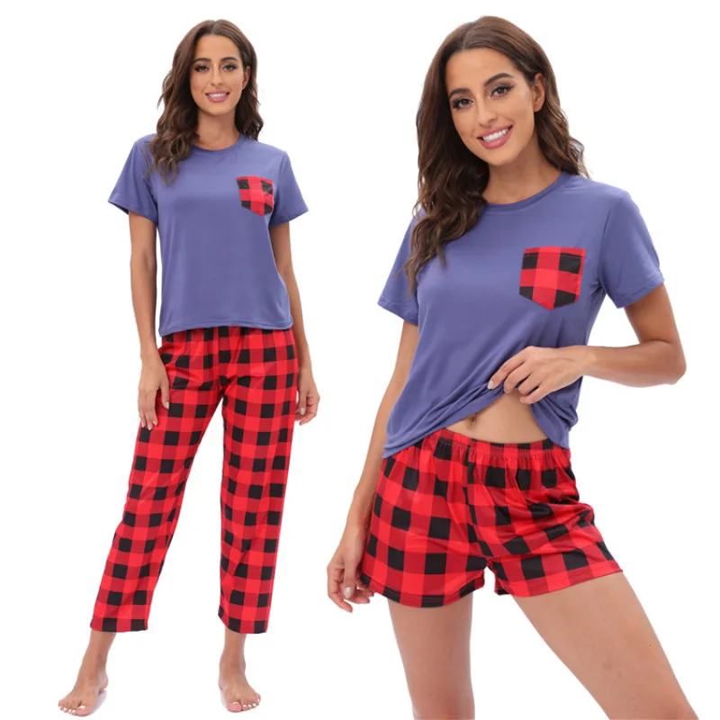 Womens Pajamas Sets Plaid Pyjamas Famale Pijamas Loungewear 3 Piece PJ Set Sweatsuits Sleepwear Nightwear Homewear