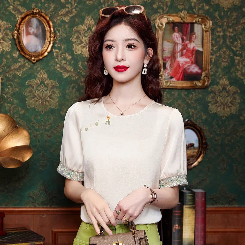 Женская шифоновая блузка с коротким рукавом и круглым вырезом