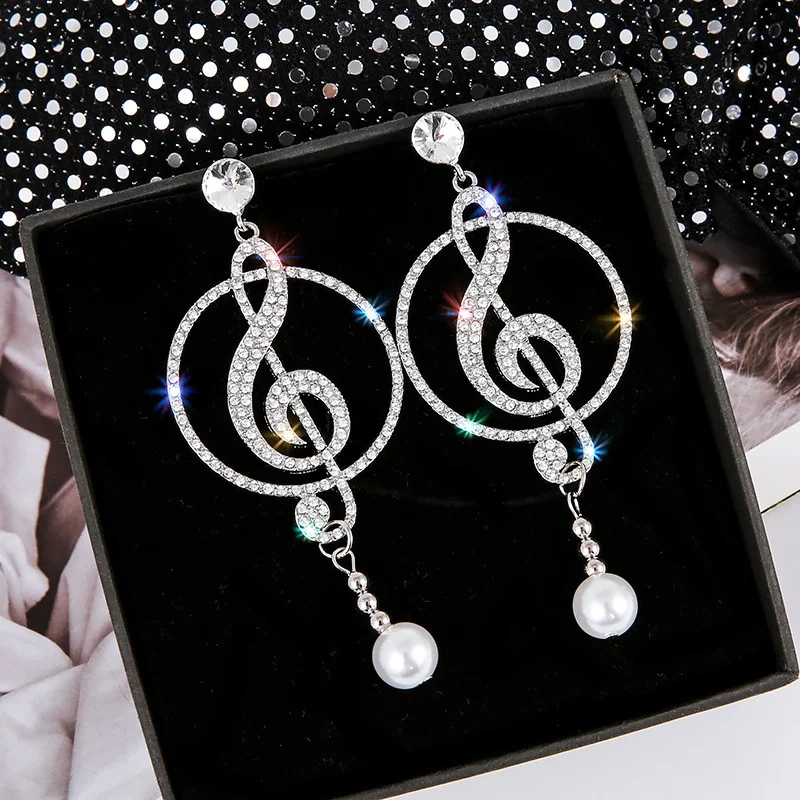 

Uilz Music Symbol Crystal Zircon Drop Earrings for Women Geometric Pearl Earrings Fashion Party Statement Luxury Quality Jewelry