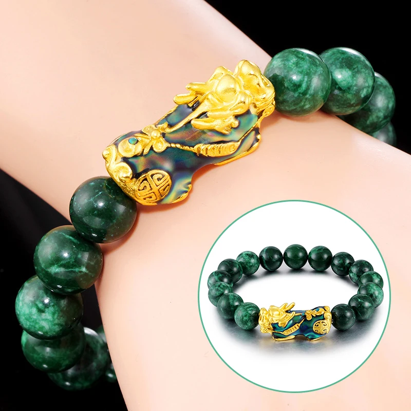 

Green Jade Bracelet Stone Golden Pixiu Charm Color Changing Wristband for Men Bracelet Wristband Green Jade Bracelet Wristband