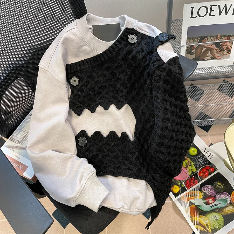 

Свитер Женский вязаный в стиле пэчворк с круглым вырезом и длинным рукавом