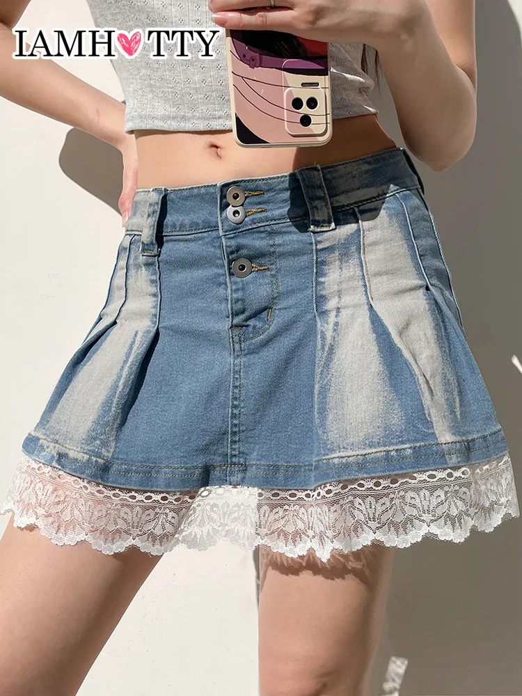 

IAMHOTTY Y2K Pleated Mini Denim Skirt Harajuku A-line Lace Patchwork Short Jean Skirts Cute Lolita Korean Fashion Streetwear New
