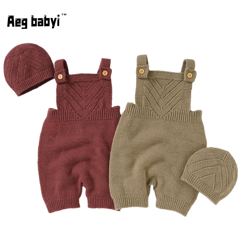 

Baby Rompers Knitted Newborn Boys Girls Clothes Jumpsuits +Hats 2Pcs Sets Solid Sleeveless Toddler Infant Outfits Costume 0-18M