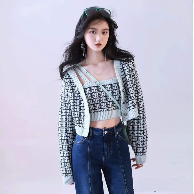 

Трикотажный костюм-свитер из твида, осенний сезон, Женская Корейская версия, клетчатая кофта, хлопковое эластичное пальто с длинными рукава...