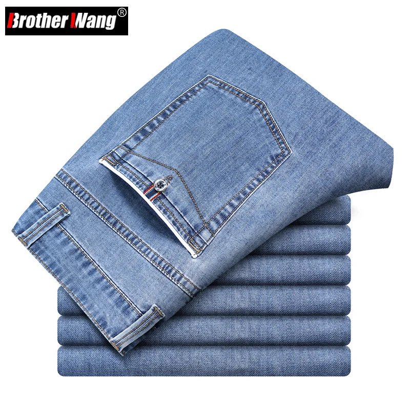 

2022 Summer New Men's Light Blue Stretch Thin Jeans Business Fashion Classic Style Slim Fit Denim Pants Male Brand Trousers