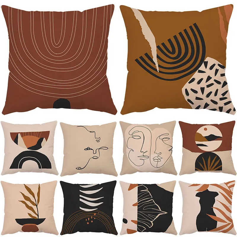 

Polyester Short Plush Brown Abstract Painting Pillowcase Modern Line Drawing Art Ultra Soft Thick Cushion Covers Sofa Home Decor