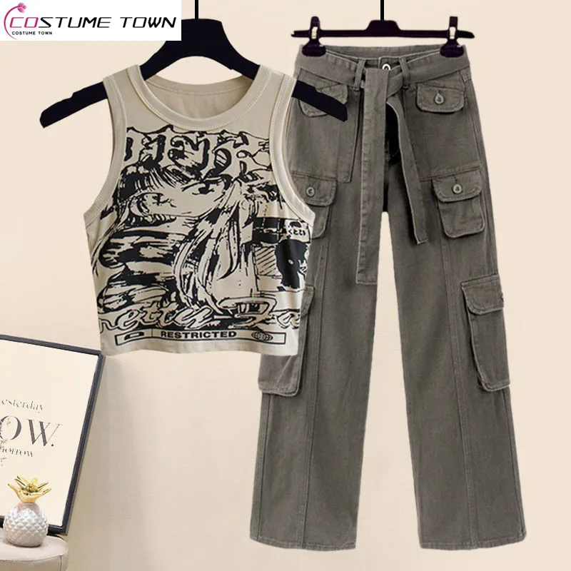 Tank Top High Waist Casual Pants Two Piece Set Print Set Women's 2023 New Korean Sexy Spicy Girl Cartoon Spring/summer Style Age