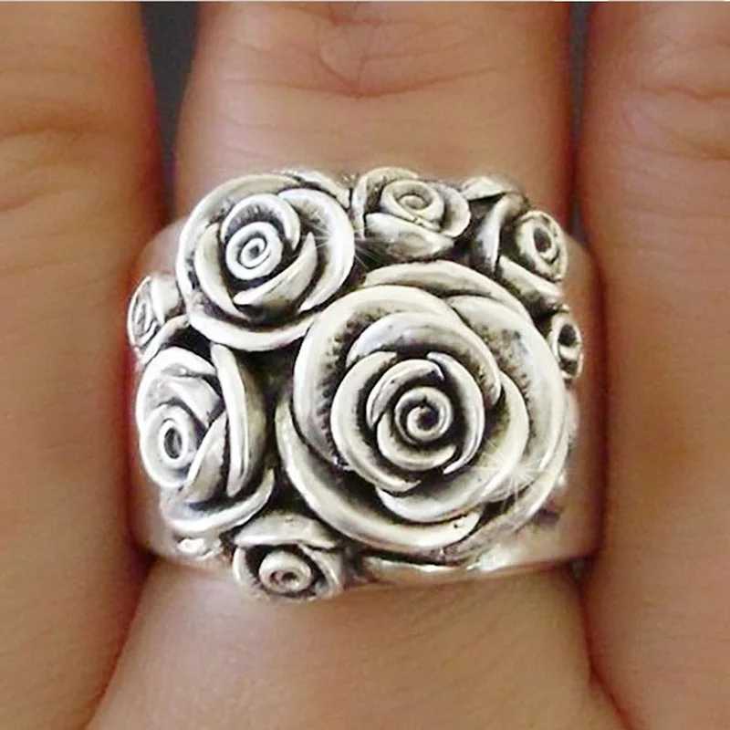 

Engraved Rose Flower Ring Fashion Vintage Rings for Women Personality Finger Accessories Retro Party Jewelry anillos mujer