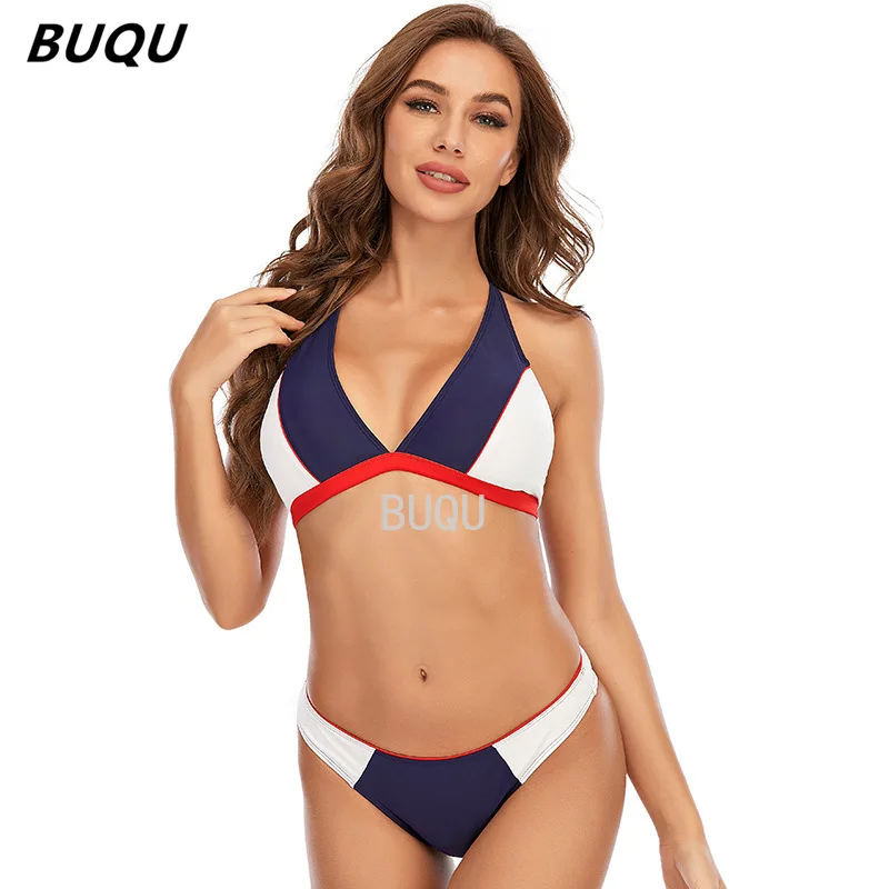 BUQU Bikini Women's Blue White and Red Color Matching Swimsuit Low Waist Sexy Micro  Bikini Push up Two Piece Swimsuit Women