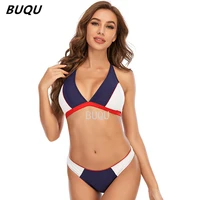 buqu bikini womens blue white and red color matching swimsuit low waist sexy micro bikini push up two piece swimsuit women