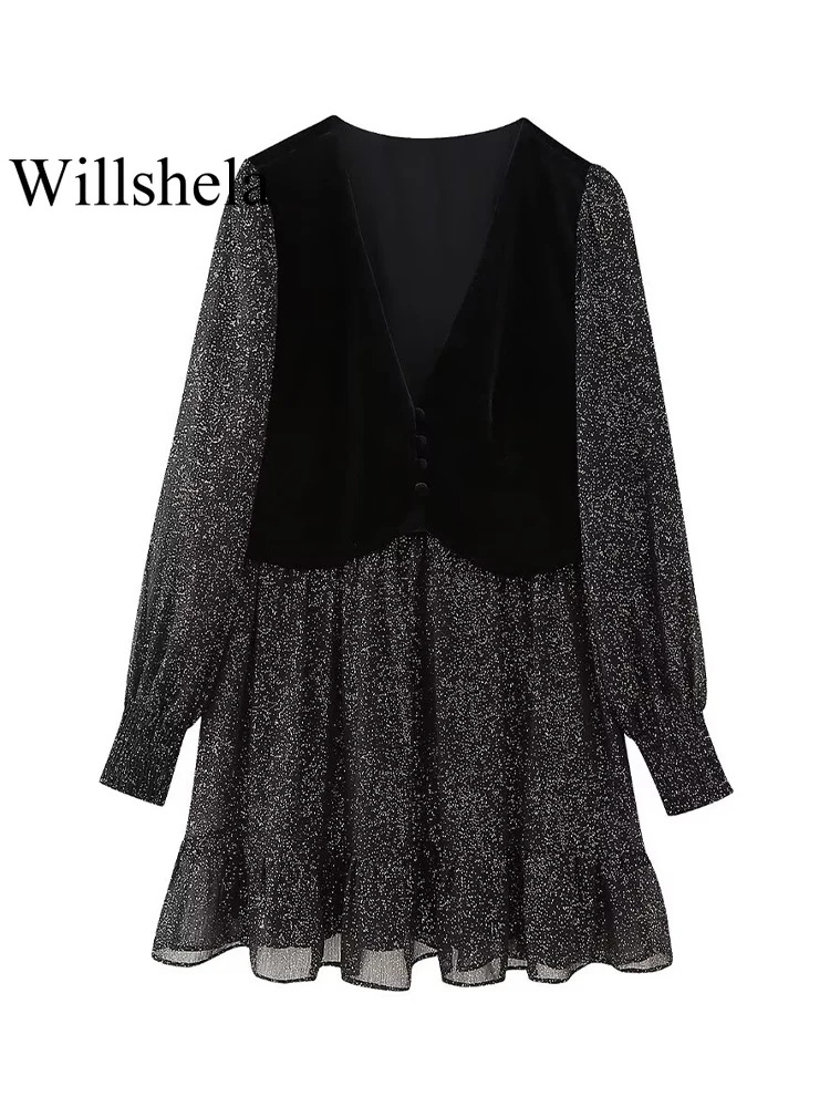 

Willshela Women Fashion With Velvet Vest Printed Pleated Single Breasted Mini Dress Vintage V-Neck Long Sleeves Female Dresses