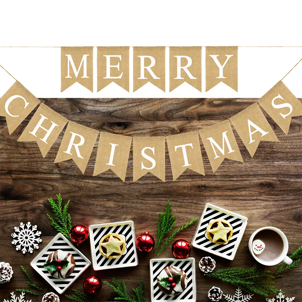 

1 pc Bunting Banner MERRY CHRISTMAS Letters Linen DIY Swallowtail Flag for Xmas Home Decor Party