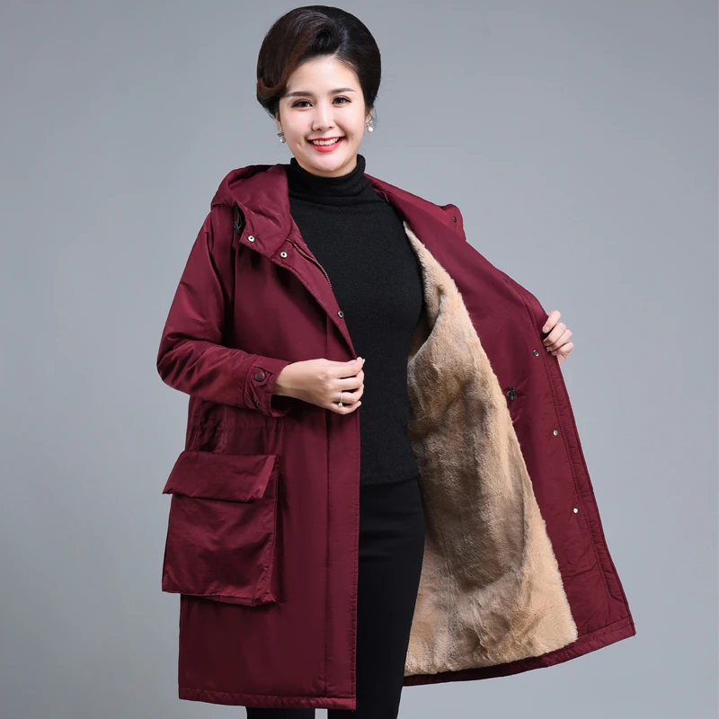 Winter Clothes Women 2022 New Casual Thick Warm Middle-aged Women's Jackets Hooded Oversize Wool Liner Long Parkas with Pockets