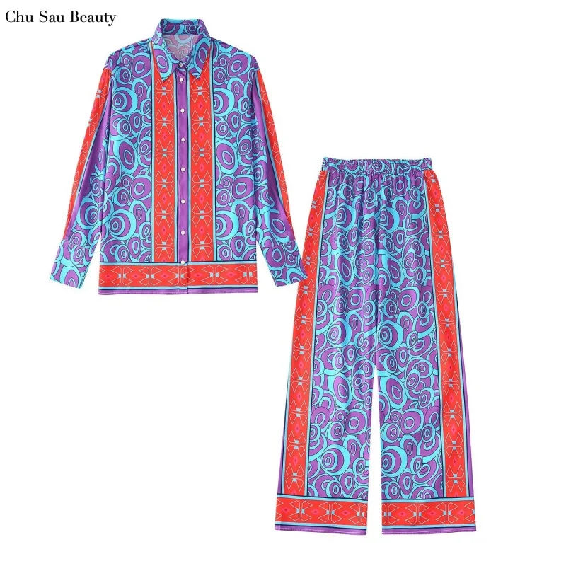 

Женский комплект из рубашки и брюк Za, Модный повседневный топ с отложным воротником и длинными рукавами, свободные брюки с высокой талией в ...