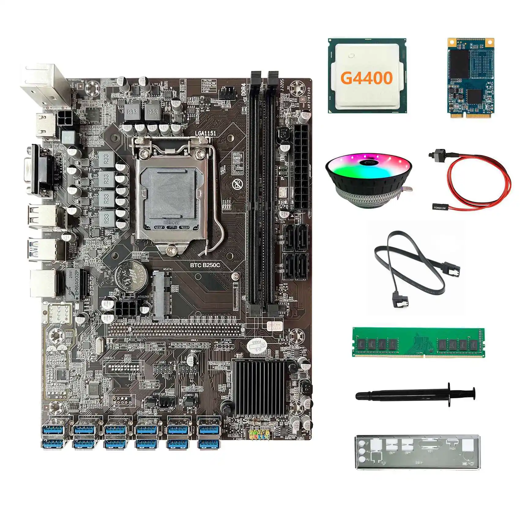 

B250C ETH Miner Motherboard 12USB+G4400 CPU+DDR4 4GB RAM+64G SSD+RGB Fan+SATA Cable+Switch Cable+Thermal Grease+Baffle