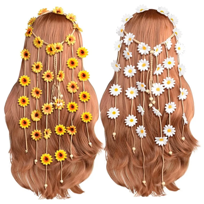 

ASDS-2Pcs Flower Hippie Headband Floral Crown Summer Sunflower Hair Accessories For 70 S Bohemian Costumes Style