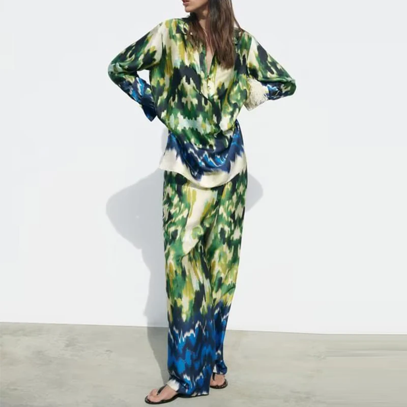 

Pants Set 2023 New Fashion Printed Shirts Women Suit Straight Pants Casual Two Pieces Set Womens Outfits