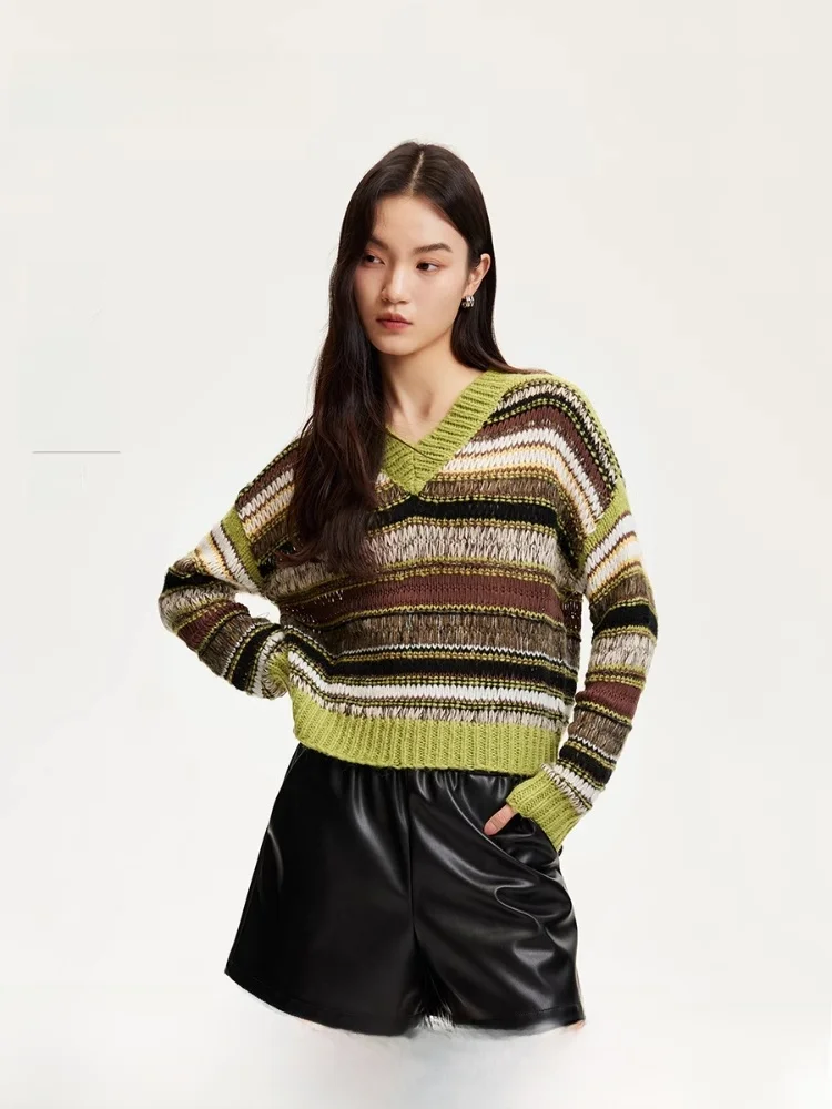  Вязаная женская вязка 24 осень флисовая полоска контрастного цвета вязаная