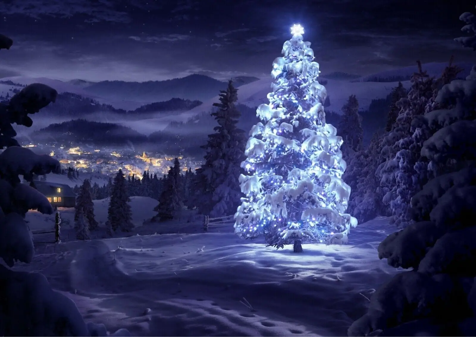 

Christmas Tree Light Snow Festive Print Art Canvas Poster For Living Room Decoration Home Wall Picture