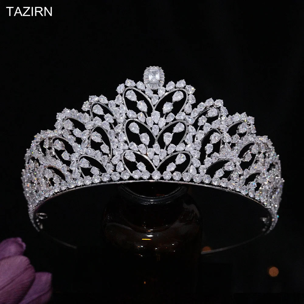 Фото TAZIRN Роскошные 3A циркониевые большие свадебные короны для дня рождения, милая диадема, диадемы для подружки невесты, CZ, украшения для волос ручной работы №1