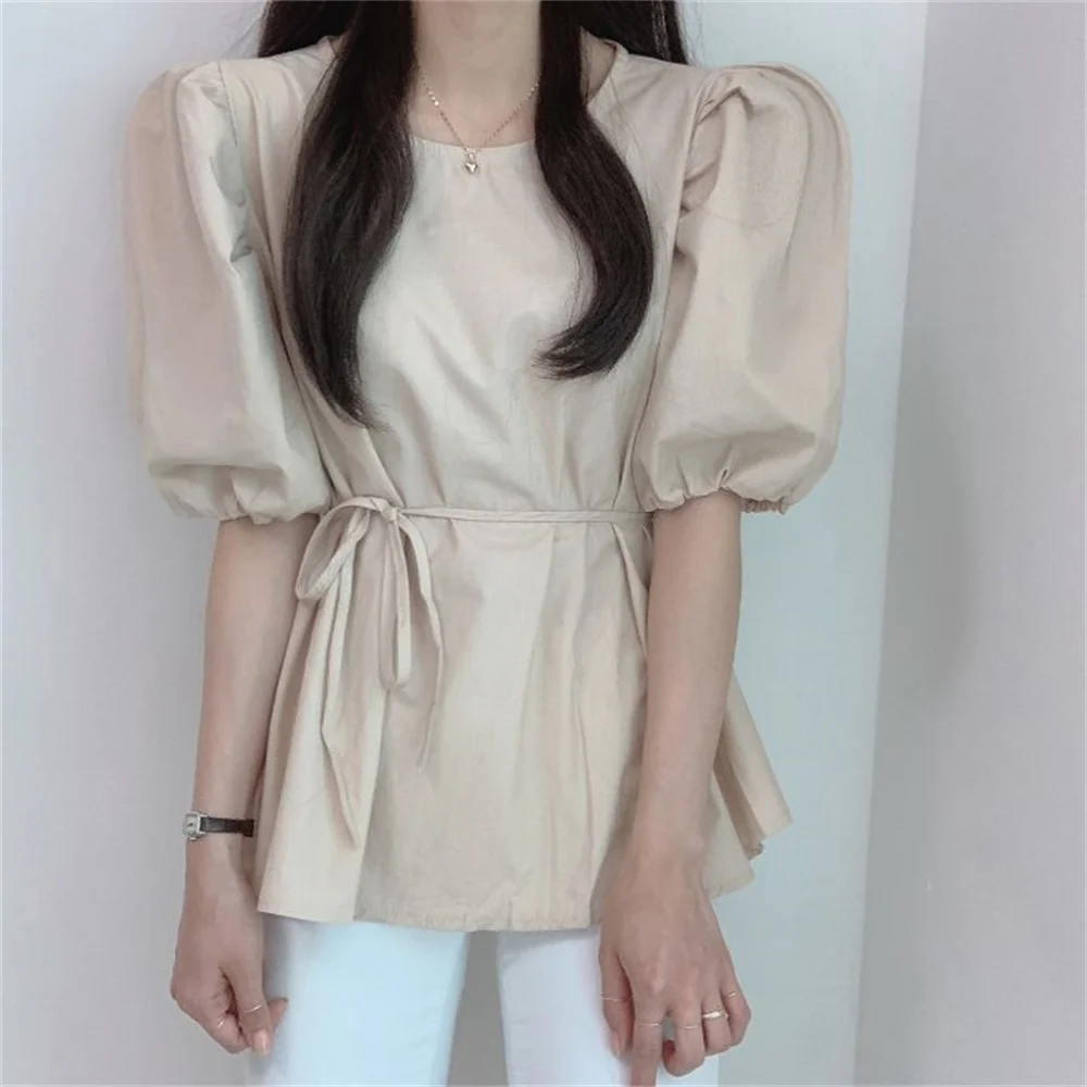 

PLAMTEE Women Blouses Sweet Solid 2022 Puff Sleeve Summer Slim Normcore Chic Fashion Office Lady New Casual Elegant Hot Mujer