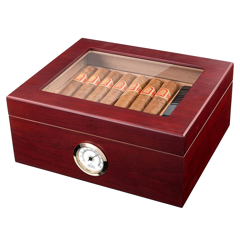 Humidor - Glass Humidor for 25-50 Cigars with Hygrometer and Dividers - Spanish Cedar Wood Interior, Cigar Accessories for Men