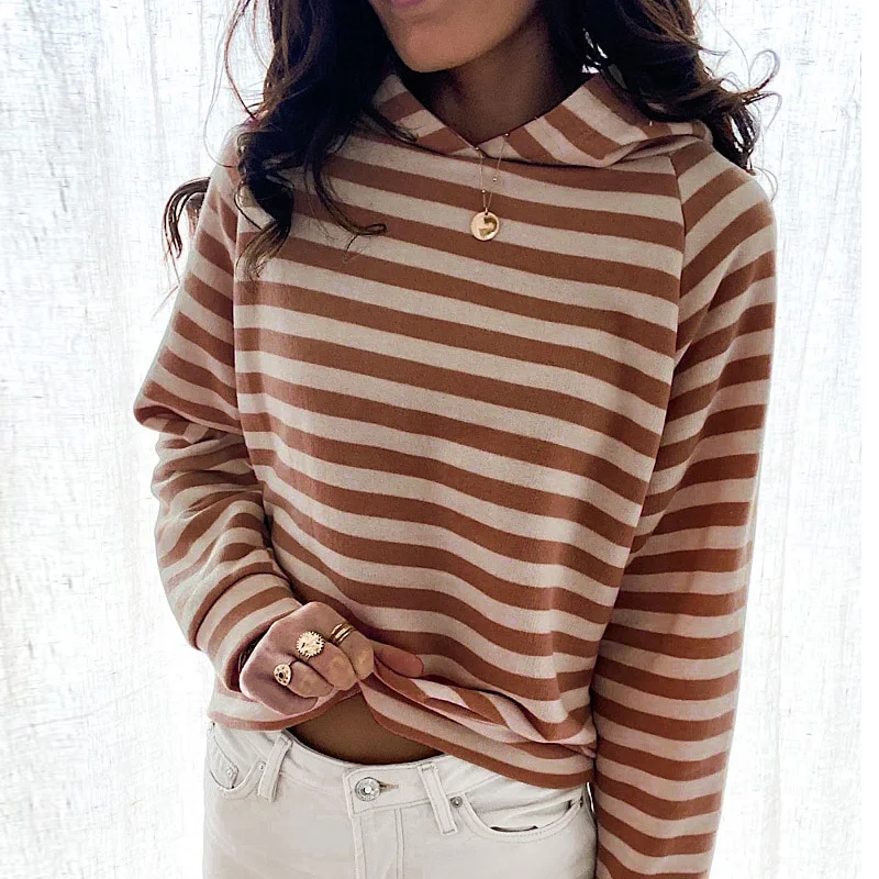 

Winter Loose Long Sleeve Slim Hooded Pullover Autumn Winter Fashion Lady Hoodie Sweatshirt 2022 Women Striped Print Sweatshirts