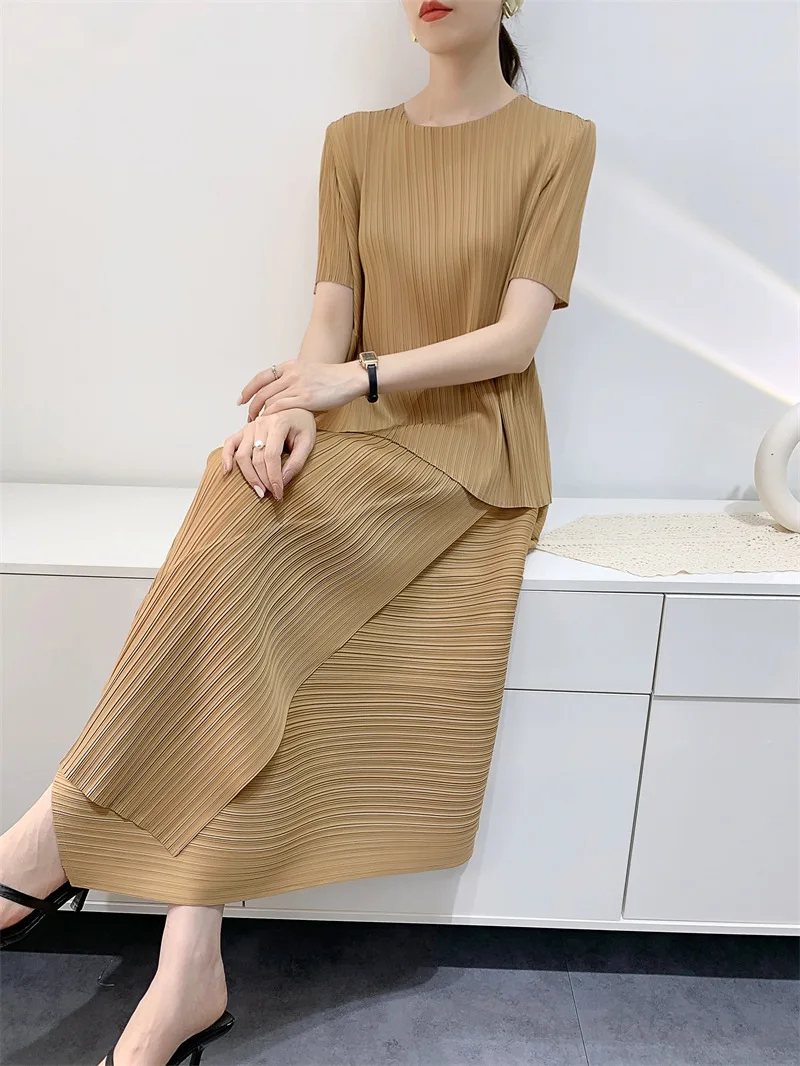 

Женский плиссированный комплект миаке, необычный топ + юбка до локтя, темпераментный тонкий Удобный Повседневный модный универсальный дизайн