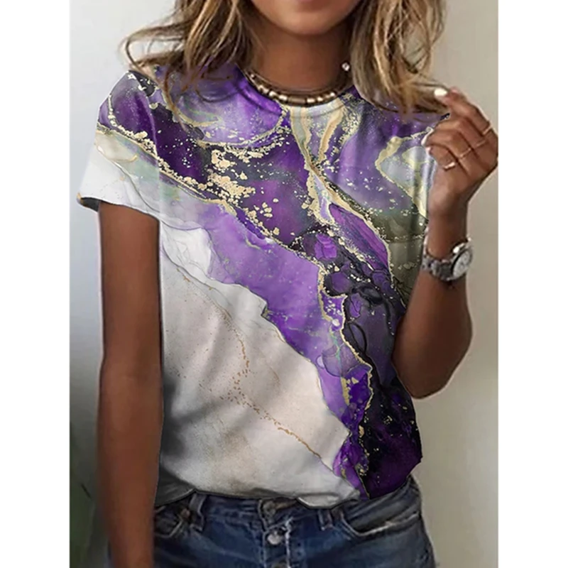 

2022 Summer Women's Fashion Casual Geometric Abstract 3D Printed Ladies T-Shirt Casual Short Sleeve Regular O-Neck Beach Style D