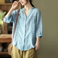 spring new vintage button loose shirts cotton linen embroidery blouses for women fashion 2022 femme blusas plus size 4xl