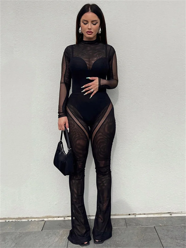 

Sexy Mesh See Through Black Party Two 2 Piece Sets Womens Outifits Bodysuit and Skinny Pants Sets Clubwear Female Dropshipping