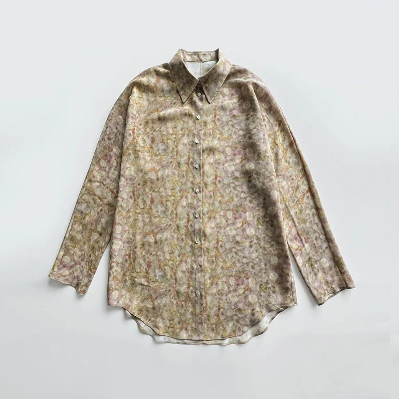 

Новинка лета 2023, шелковая Женская драпированная шелковая Свободная рубашка средней длины, цвет азалья