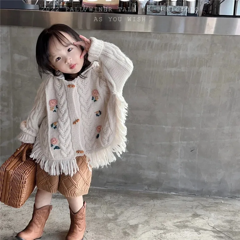 

Girl Cardigan Sweaters Autumn Winter Knitted Children Cardigan Girl Jacket Coat Tassel Embroidery Hooded Kids Jumper Knitwear