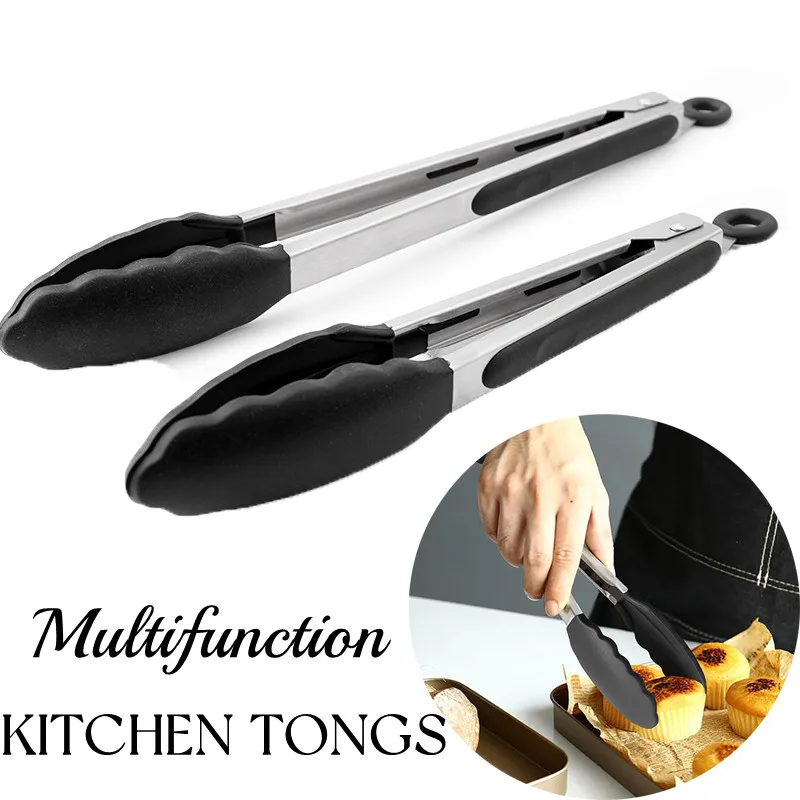 

2PCS Handheld Silicone Tongs Kitchen Non-stick Stainless Steel Food Clips Heat Resistant Reusable Meat Barbecue Baking Clip