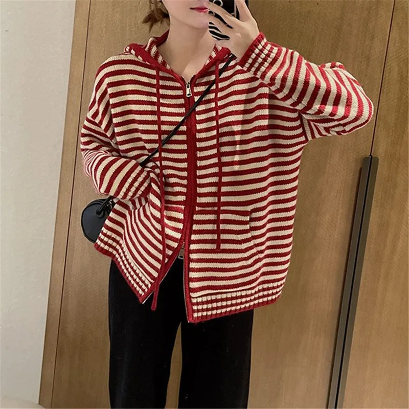 

Cardigan Sweater New Knitted Hooded Casual Coat Korean Loose Long Sleeve Zippered Striped Cardigan Sweater