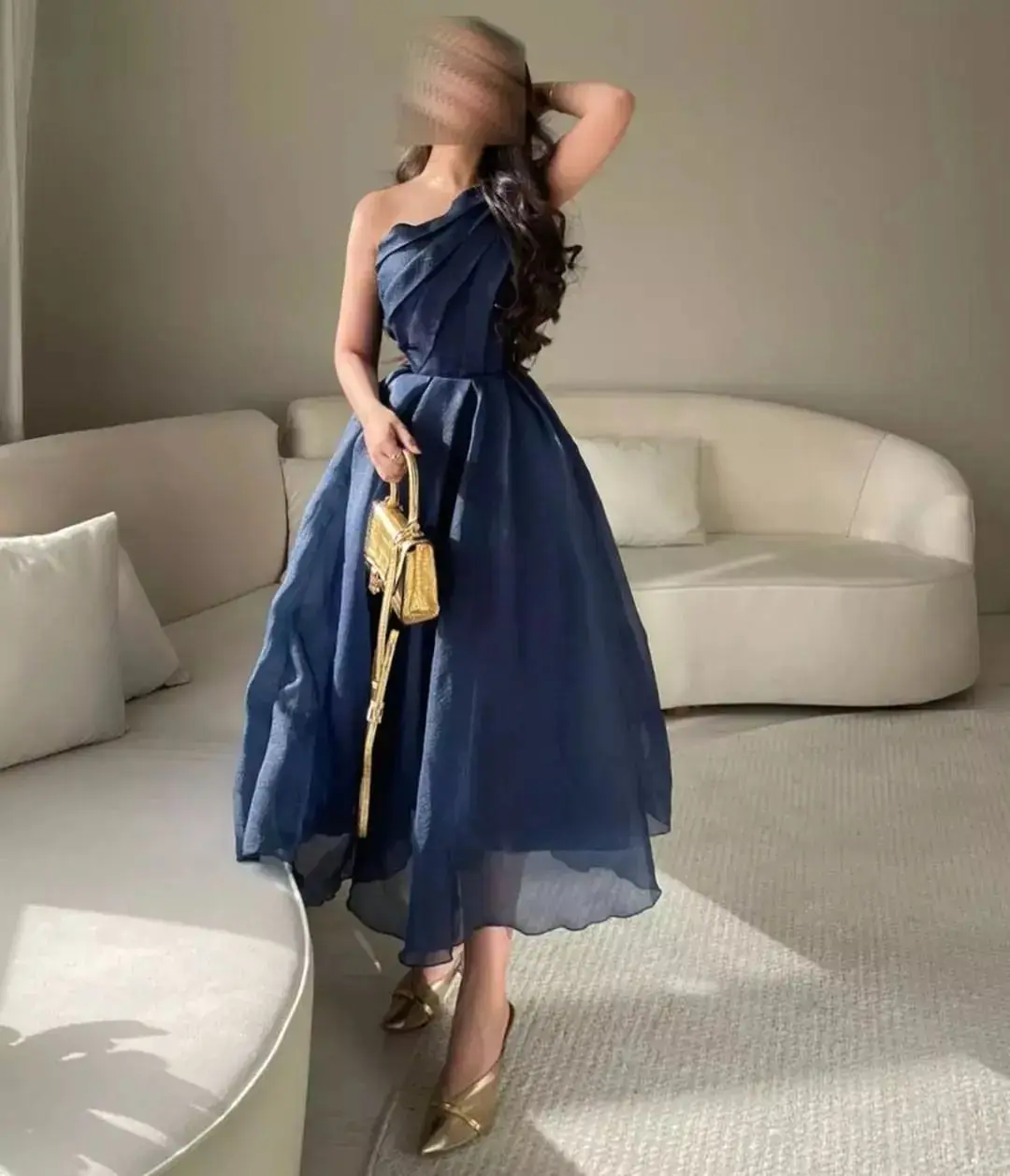 

Simple A Line Navy Evening Dresses one Shoulder Sleevesless Organza Party Dress Formal Bride Gowns Prom Dress