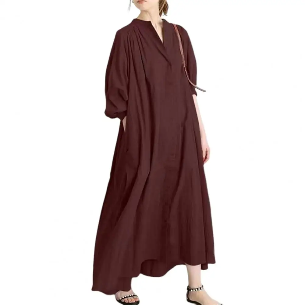 

Женское однобортное Платье макси с V-образным вырезом, длинным рукавом и карманами