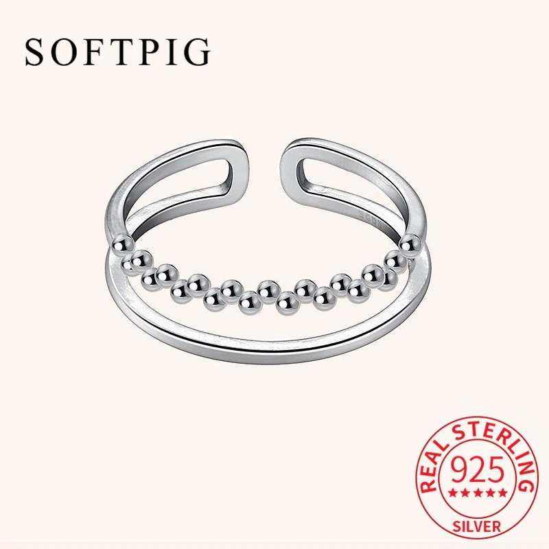 

SOFTPIG INS Real 925 Sterling Silver Bead Adjustable Ring For Fashion Women Classic Fine Jewelry Minimalist Geometric Bijoux