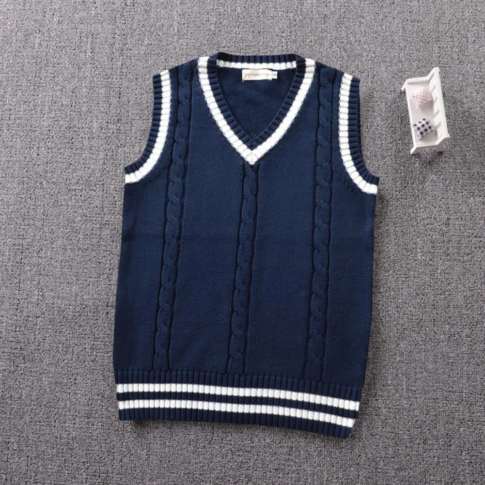 

Breathable Stylish Twist Splicing Color Uniform Pullover Vest Warm Knitted Waistcoat Ribbed Trim Streetwear