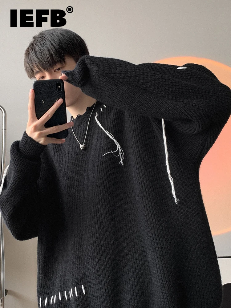 

IEFB Men's Black White Sweater Korean Trendy Round Collar Kintting Tops New Colorblocked Strings Tassel Pullover Kinttwear A0968