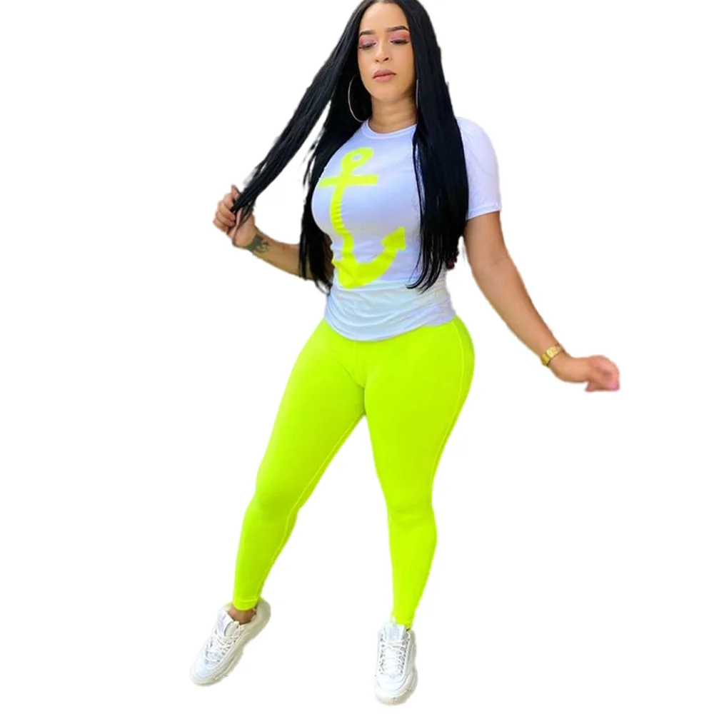 

Spring Summer Fashion Women Sexy Anchor Print Two Piece Sets O-neck Slim T-Shirt Elastic Waist Pants Neon Green Tracksuits Club