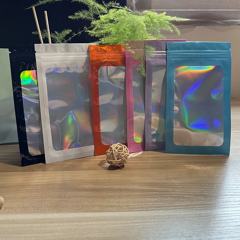 

100 Pieces Smell Proof Mylar Bags Resealable Odor Proof Bags Holographic Packaging Bag with Clear Window for Food Storage Gloss