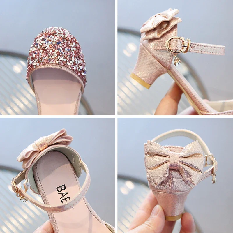 Модная детская кожаная обувь 2023. Танцевальная принцессы на высоком каблуке и